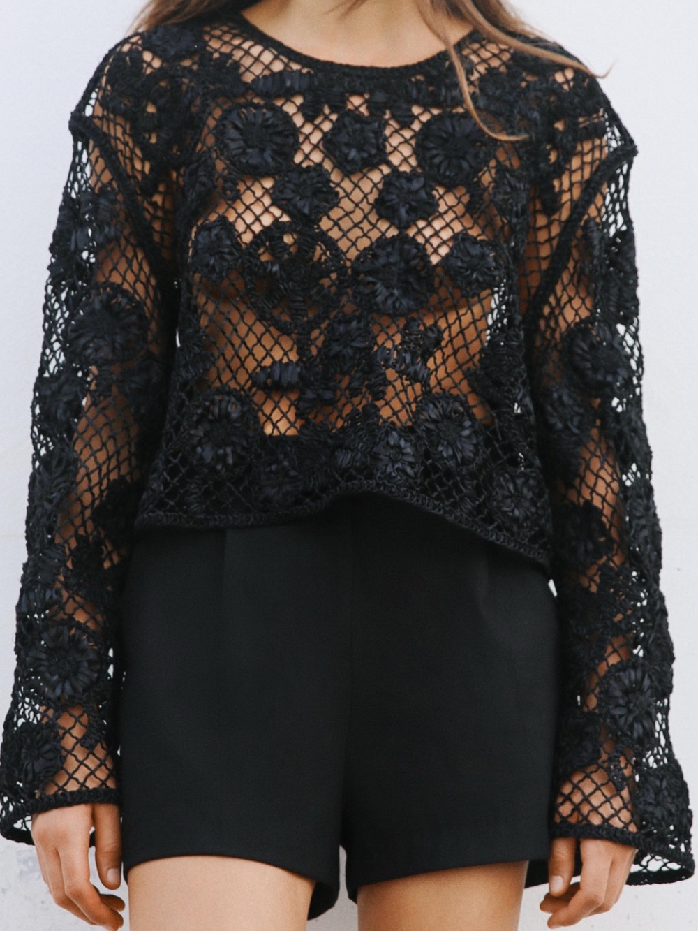 ZARA Black Floral Crochet Crop Top